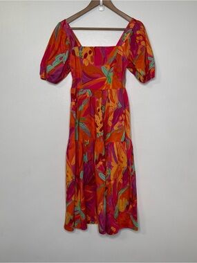 Crystal Sky Multi Color Floral Puff Sleeve Midi Dress Womens XS